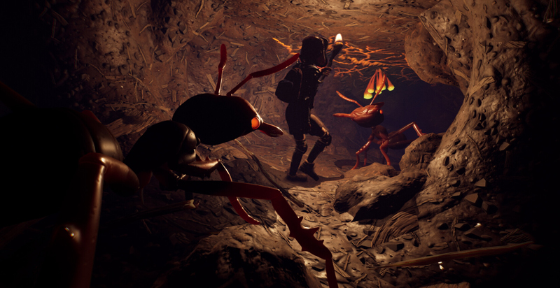Petite naine prise en tenaille par deux guerrières dans un tunnel de fourmilière