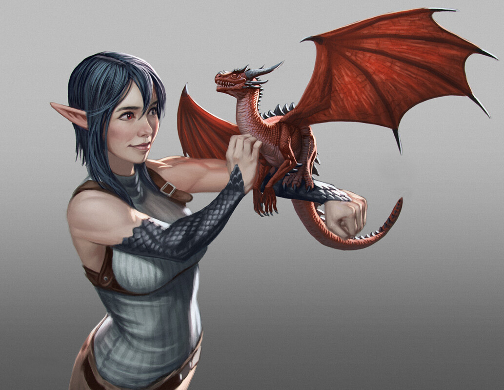 Portugelfe jouant avec un bébé dragon rouge