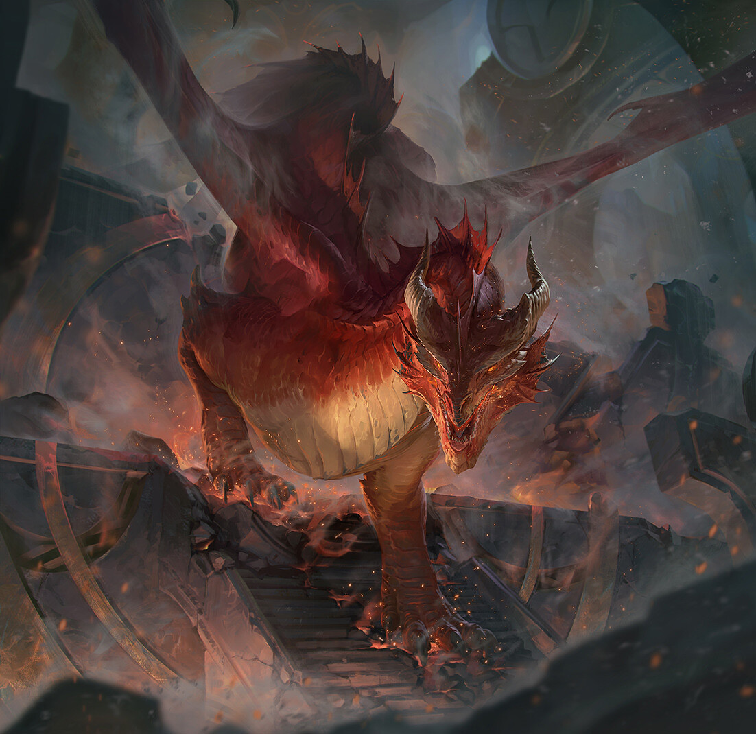 Vieux dragon rouge méritant attaquant un convoi