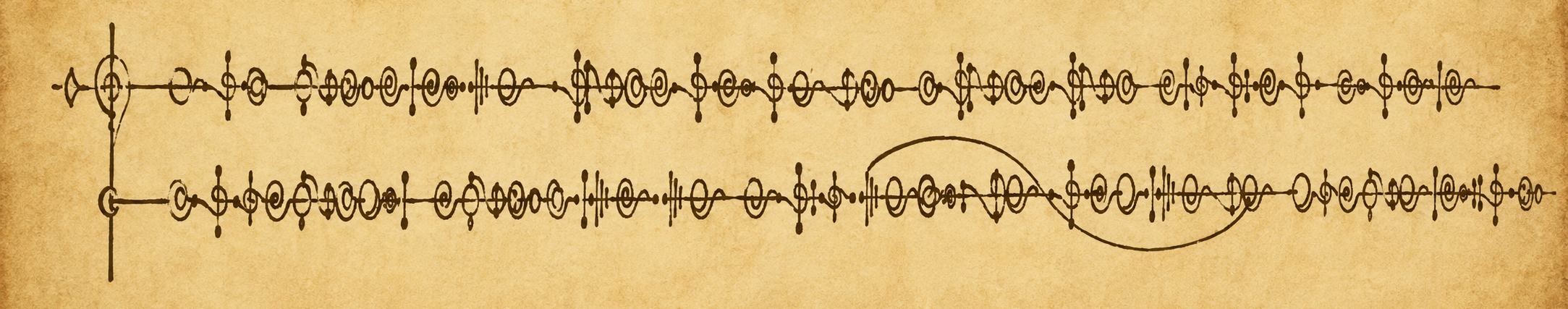 Texte d'homme serpent avec leur alphabet et leur style d'écriture, qui évoque les partitions musicales, notamment humaines